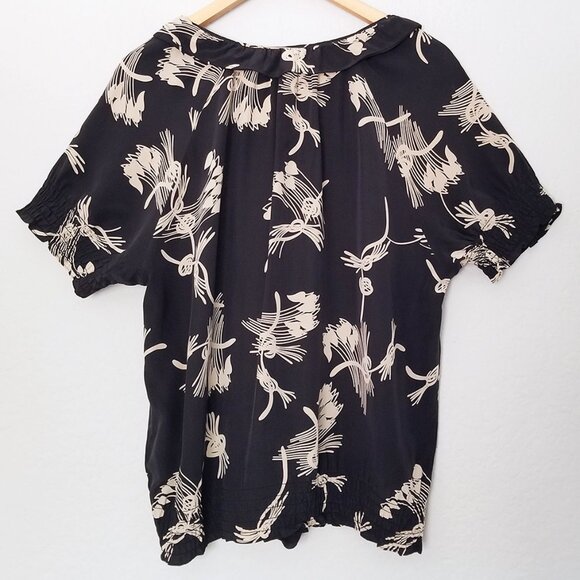 Joie Black Tan Beige Abstract Floral Ruffle 100% Silk Short Sleeve Blouse Top L - Picture 3 of 14